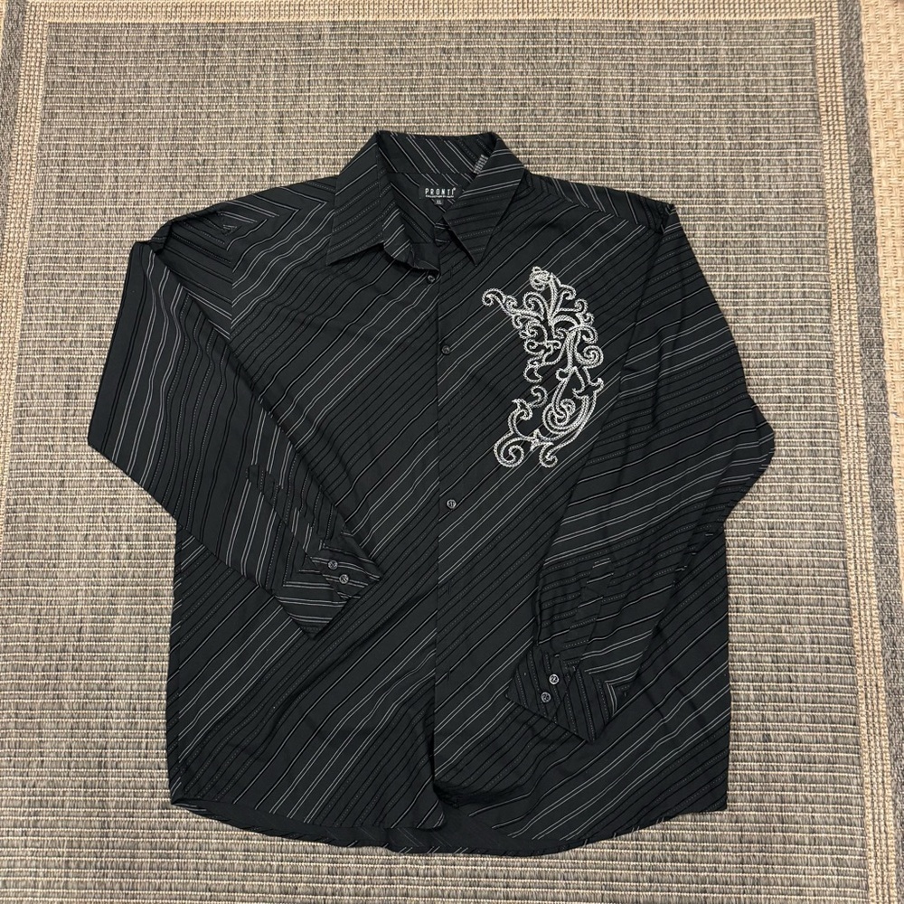 Pronti Elegant Black Striped Shirt with Embroidery